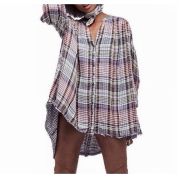 Free People Come on Over Colorful Plaid Flannel Womens Small Soft Cozy Oversized - Picture 2 of 10